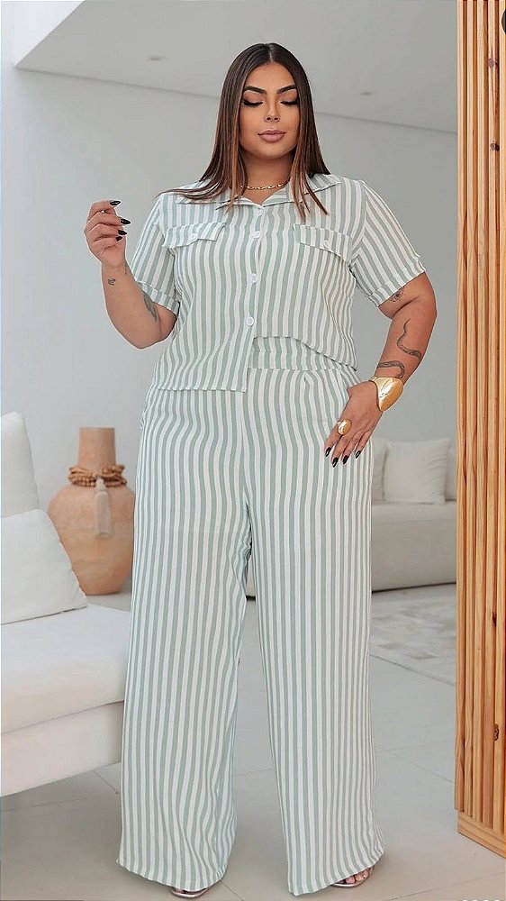 Conjunto Plus Size Listrado G2 Feminino