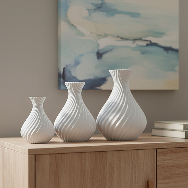 Kit 3 Vasos Decorativos Branco – Design Espiral Moderno