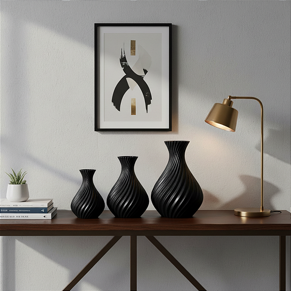 Kit 3 Vasos Preto Design Moderno Elegante Decoração Minimalista