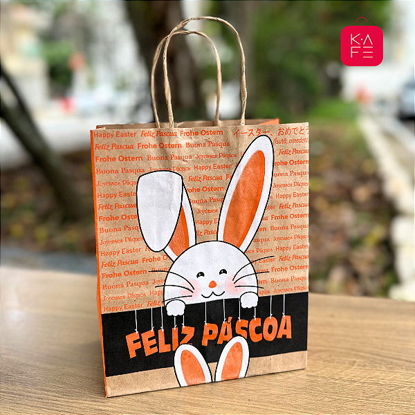 Sacola Papel Kraft Feliz Páscoa 7205 20x15x25cm 10 unidades Kafe Embalagens