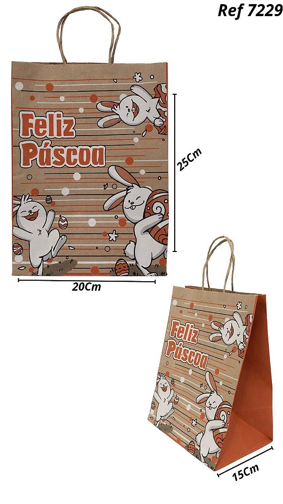 Sacola Papel Kraft Feliz Páscoa Coelhinho 7229 20X15X25cm 10 unidades Kafe Embalagens