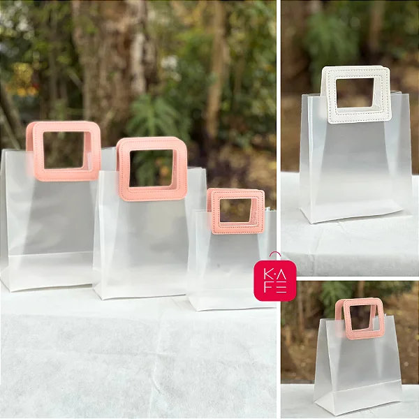 Sacola Transparente Fosca com Alça de Couro Quadrada Resistente - 12 unidades