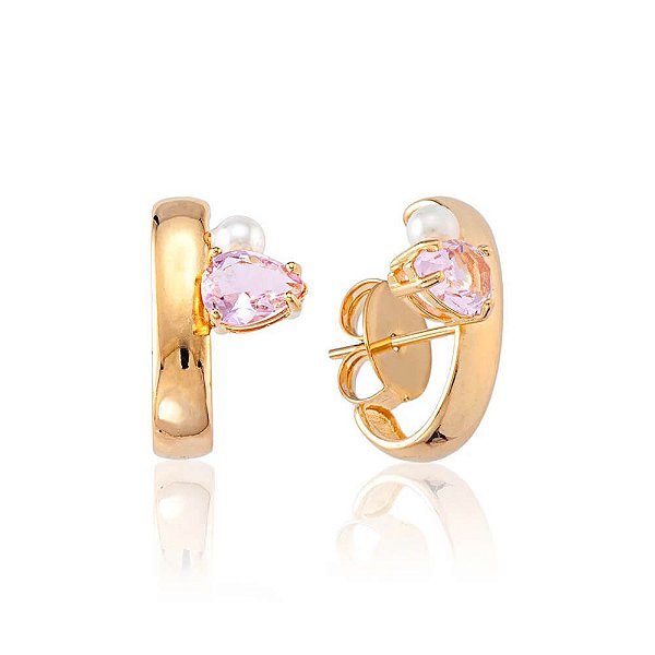 Brinco Ear Hook Pérola Zircônia Quartzo Rosa