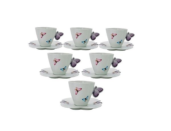 CONJUNTO 6 XICARAS CHA PORCELANA C/PIRES BORBOLETAS 200ml