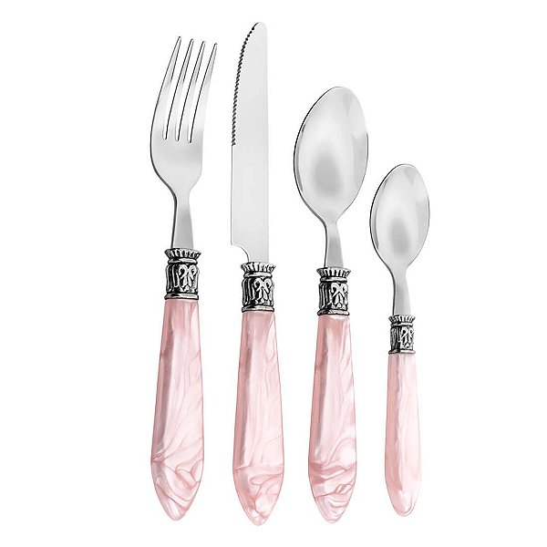FAQUEIRO 24 PEÇAS DE ACO INOX C/CABO DE PLASTICO MOTHER PEARL ROSA LUXO