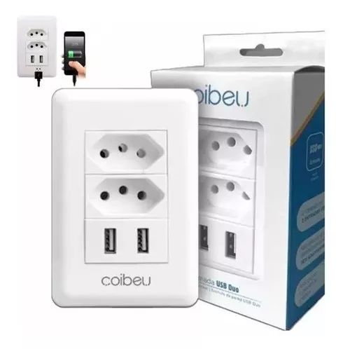 TOMADA DE PAREDE ESPELHO COM 2 ENTRADAS USB 10A 5V