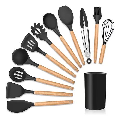 KIT UTENSILIOS DE COZINHA DE SILICONE CABO DE MADEIRA 12 PEÇAS