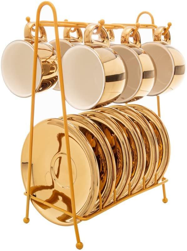 CONJ 6 XICARAS PORCELANA PIRES E SUPORTE VERSA DOURADO 90ml
