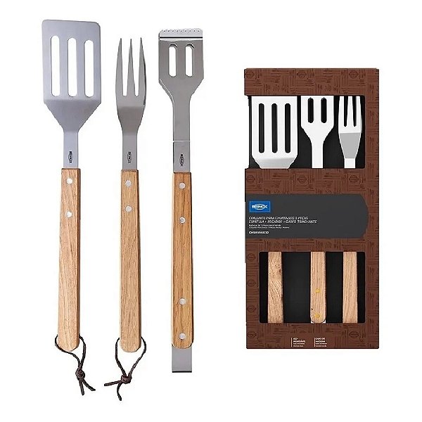 CONJUNTO PARA CHURRASCO 3 PEÇAS- ESPÁTULA/PEGADOR TRINCHANTE/GARFO