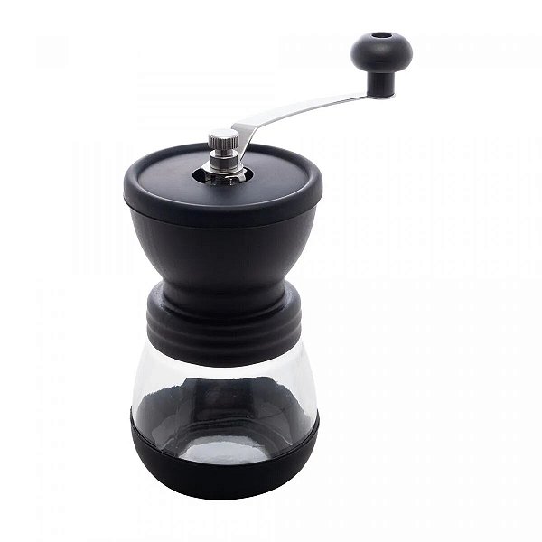 MOEDOR DE CAFÉ DE AÇO INOX MANUAL C/POTE DE VIDRO PRETO 20cm x 10,5cm x 19cm