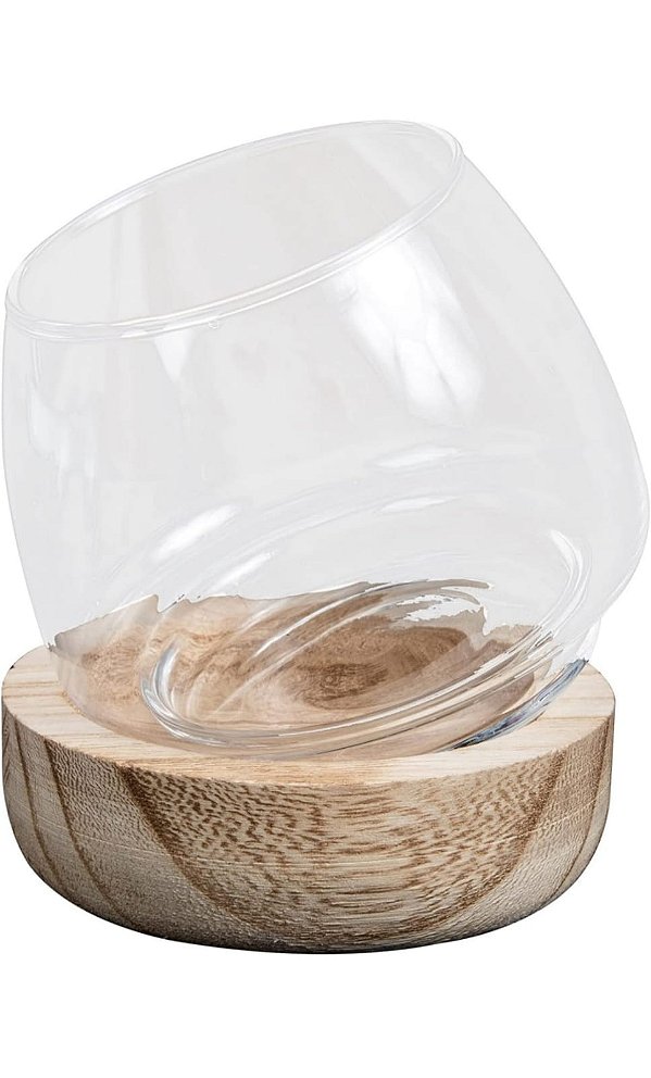 Vaso De Vidro Com Base De Madeira 13x9x13cm Lilian Gift