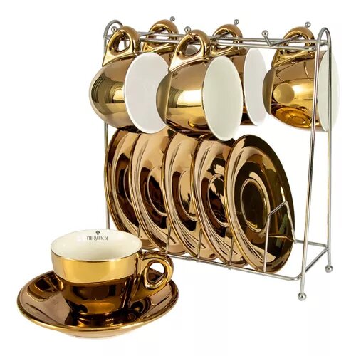 Jogo 6 Xicaras C/ Pires + Suporte Porcelana Dourada/branca  80ml L`Hermitage
