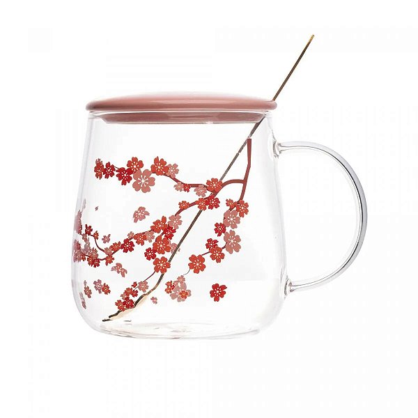 Caneca De Vidro Borossilicato C/ Tampa E Colher Sakura 500ml Cor Rosa Flores