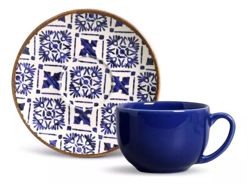 Conjunto Com 6 Xícaras De Chá Com Pires Coup Asteca 260ml Off-white E Azul Porto Brasil
