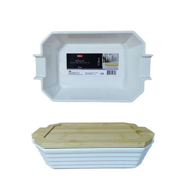 Travessa Cerâmica Refratária Retangular com Tampa Bambu Galway 36 x 22 CM