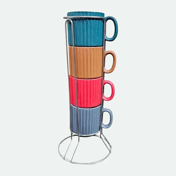 Jogo De 4 Xícaras Empilháveis Café com Suporte Cerâmica 80 ml Colorida Striatto