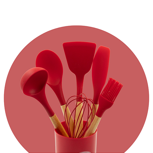 Jg 7 Pc Utensilios Silicone Vermelho Cabo Madeira C/ Suporte