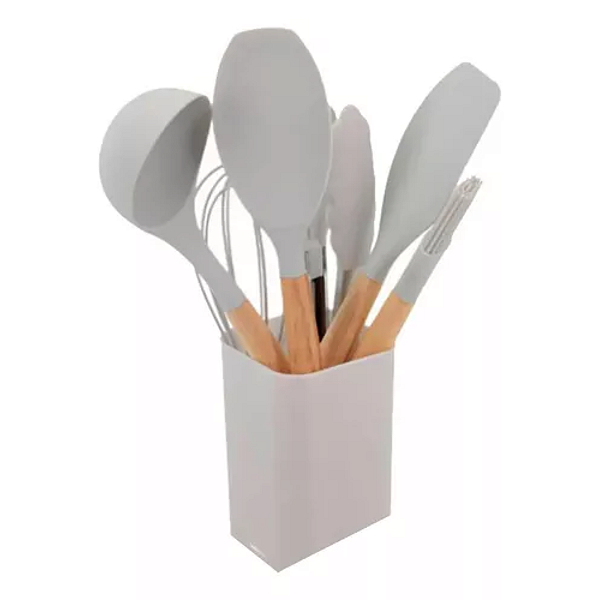 Jg 7 Pc Utensilios Silicone Cinza Cabo Madeira C/ Suporte