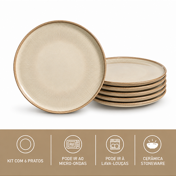 Jogo 6 Pratos Rasos 27,5cm Stoneware Bio Raio Porto Brasil