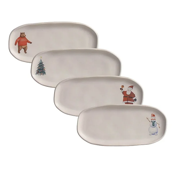 Kit com 4 Travessas Oval Rasa Pequena Orgânico Magia Glacial 23x11cm NATAL