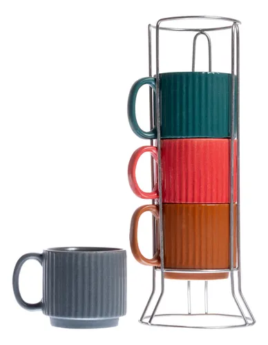 Jogo 4 Xícaras Empilháveis Chá 170 ml cerâmica Colorido Striatto L´Hermitage