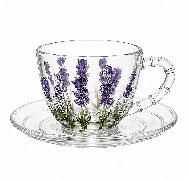 Xícara de Chá com Pires Lavanda Hand Painting 220ml Lyor