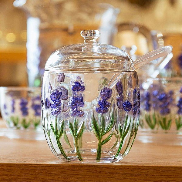 Açucareiro com colher Lavanda Vidro Hand Painting Lyor
