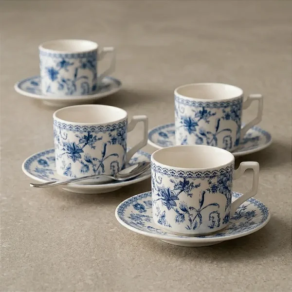 JOGO 4 XICARAS CAFE COM PIRES HORTENSIA 90ml AZUL