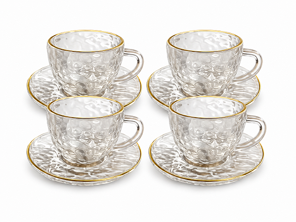 Jogo 4 Xícaras Café 90ml Com Pires Com Borda Dourada Vidro Martiri