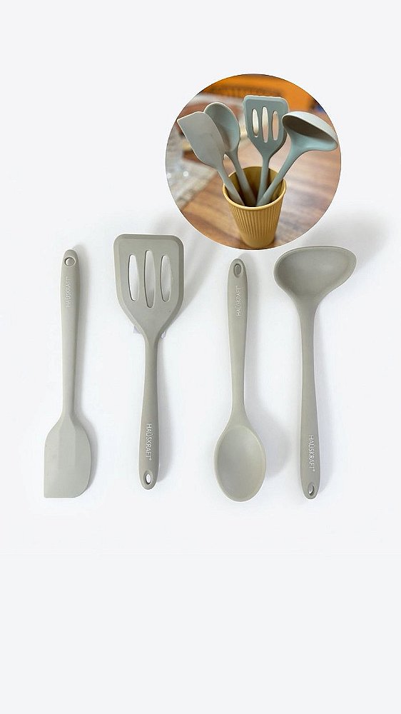 Kit 4 Mini Utensílios De Cozinha Cinza Silicone Haüskraft