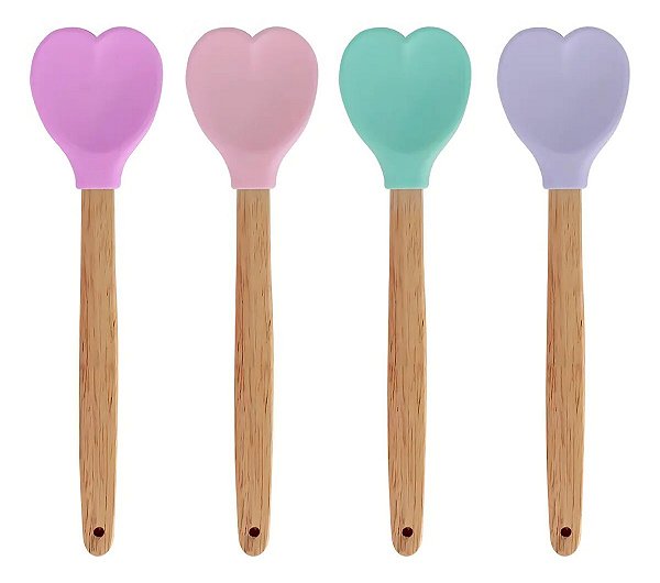 Kit 4 Colheres De Silicone Coração Cabo De Madeira 28x6,5 Cm