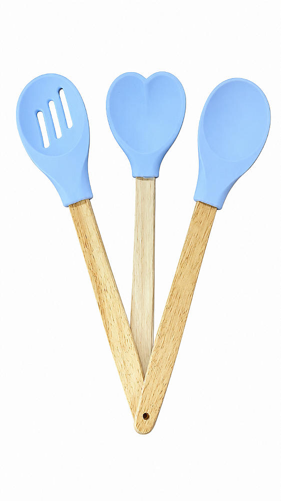 Kit 3 Colheres Silicone Azul Cabo De Madeira Casíta