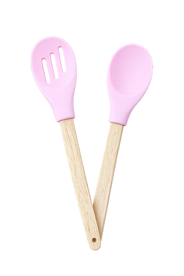 Kit 2 Colheres Silicone Rosa Cabo De Madeira Casíta