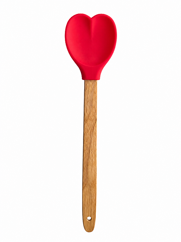 Colher Coração Silicone Kitchenware Vermelha Cabo Madeira
