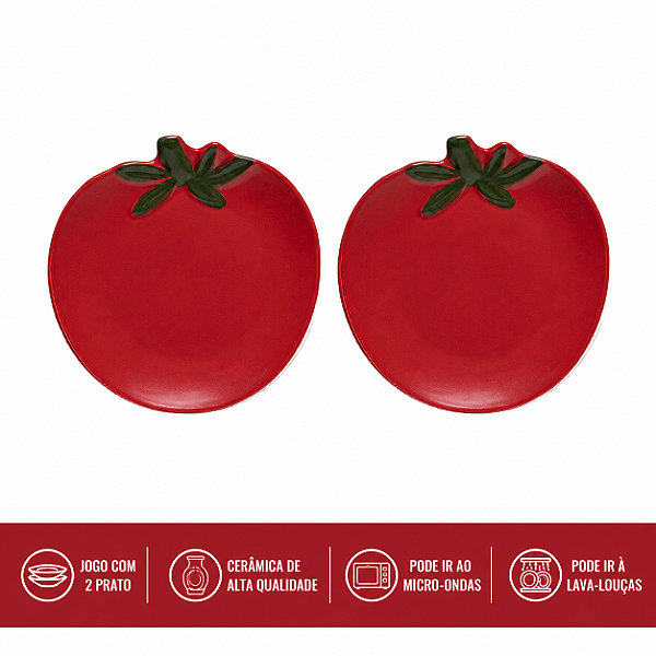 Jogo 2 Pratos Sobremesa Aquarelle em Cerâmica Tomate Copa&Cia