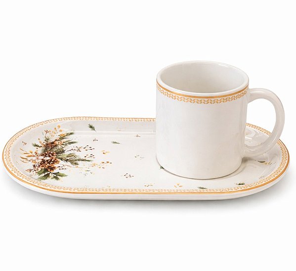 Prato de Lanche e Caneca 380ml Cerâmica Aquarelle Pinhas Copa&Cia