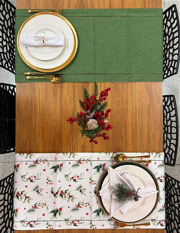 Trilho de Mesa 40x180cm Dupla Face Musgo Azevinho Natal