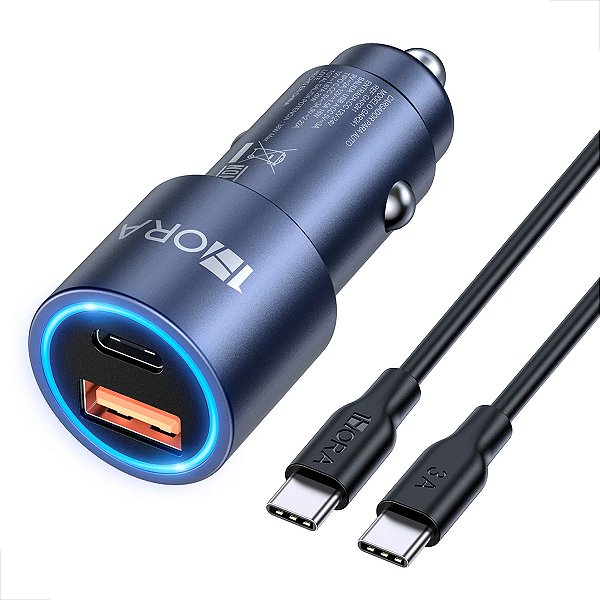 Carregador Veicular Duas Portas (USB18W + C 20W) Metalizado + Cabo de Dados C Para C 1 Metro - Cinza - GAR241