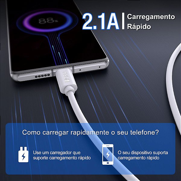 Cabo Para Dados USB Para C - 1 Metro - 2.1A - Branco - CAB244