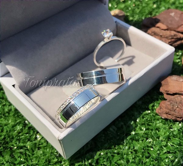 alianças poly 6mm e  anel solitário cristal