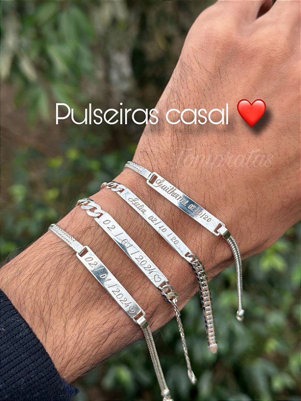 Par de pulseiras casal em prata, em aro colocar número 9 masculino e feminino.