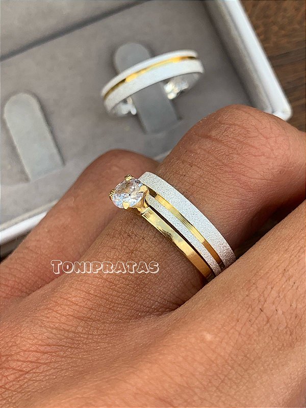 alianças lunara 4mm e anel solitario cristal banhado  incluso