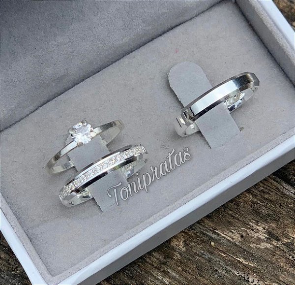 par de alianças paris 3mm \ anel solitario cristal incluso