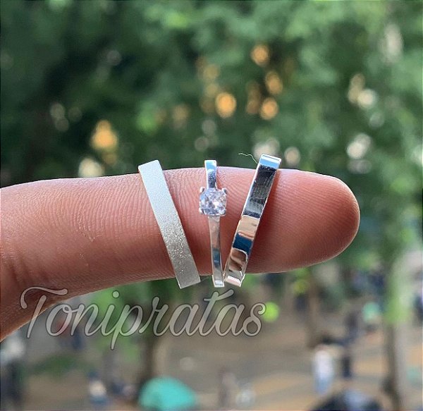 par de aliança 3mm \ anel solitario incluso
