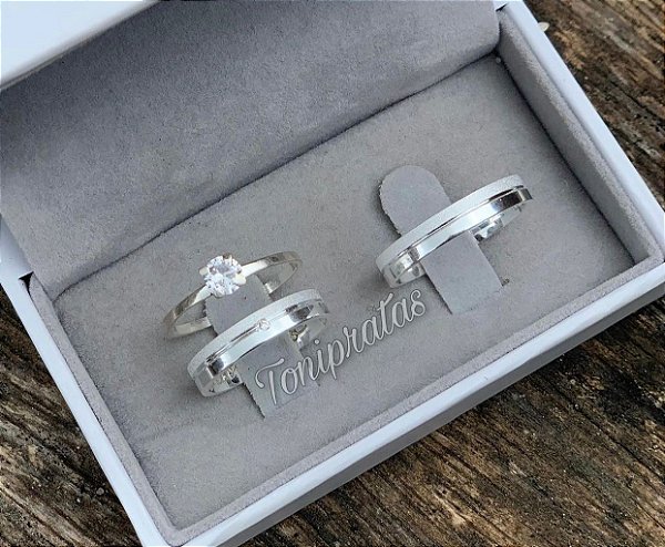 par de aliança 3mm \ anel solitario cristal incluso