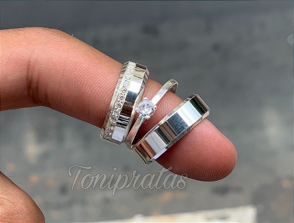 par de aliança 6mm \ anel solitario incluso