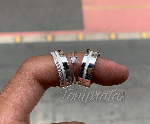 par de aliança 6mm \ anel solitario incluso