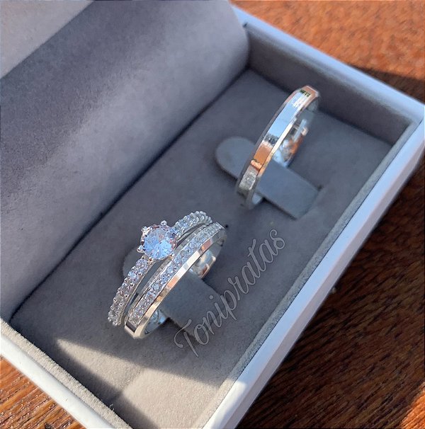 par de alianças paris 3mm / anel solitário cinderela 1 incluso