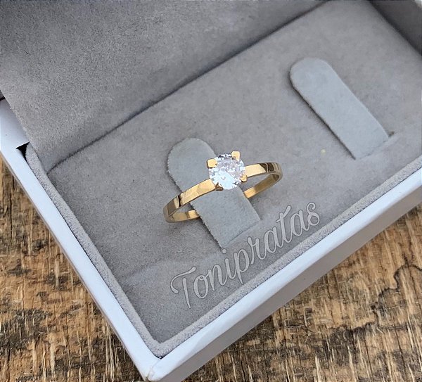 anel solitário cristal banhado a ouro