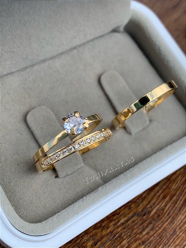 alianças mary 2mm e anel solitário cristal